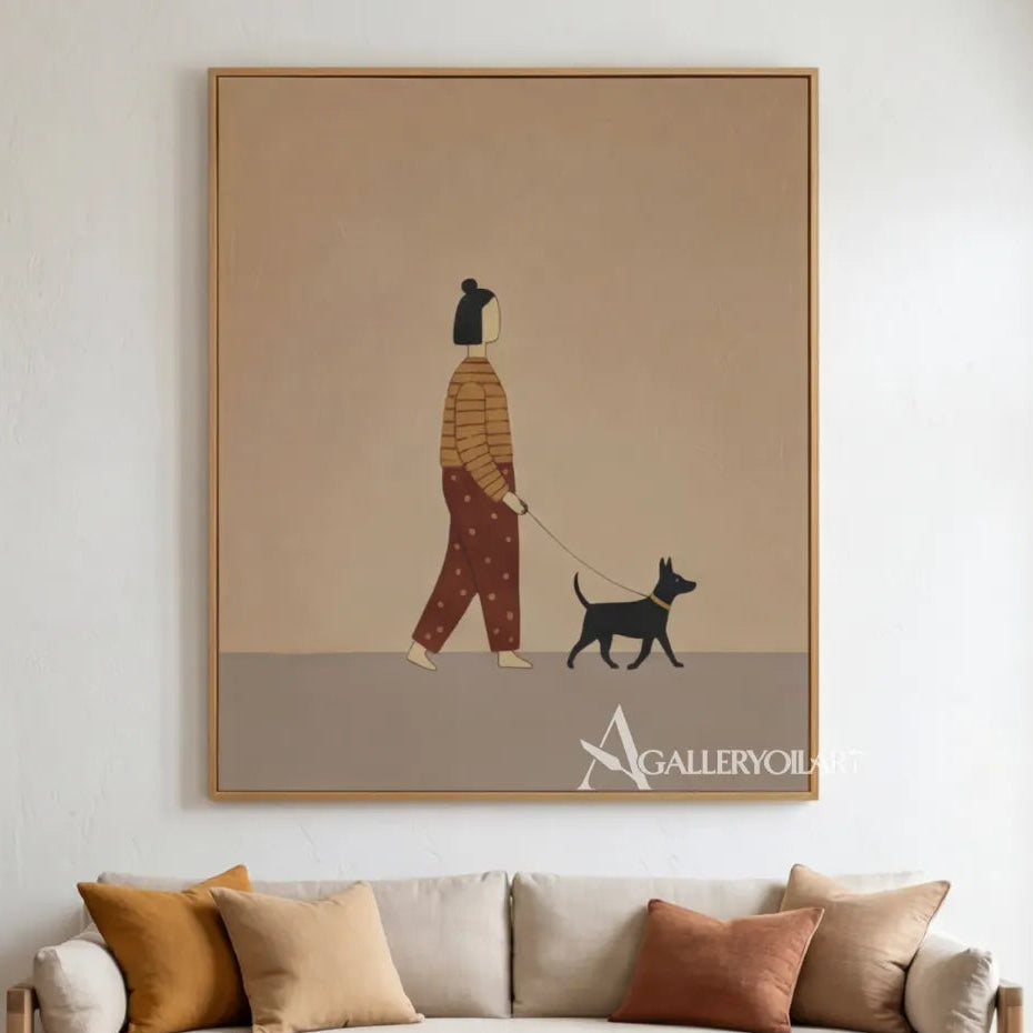 Woman-walking-a-black-dog-portrait-art-beige-and-brown-living-room
