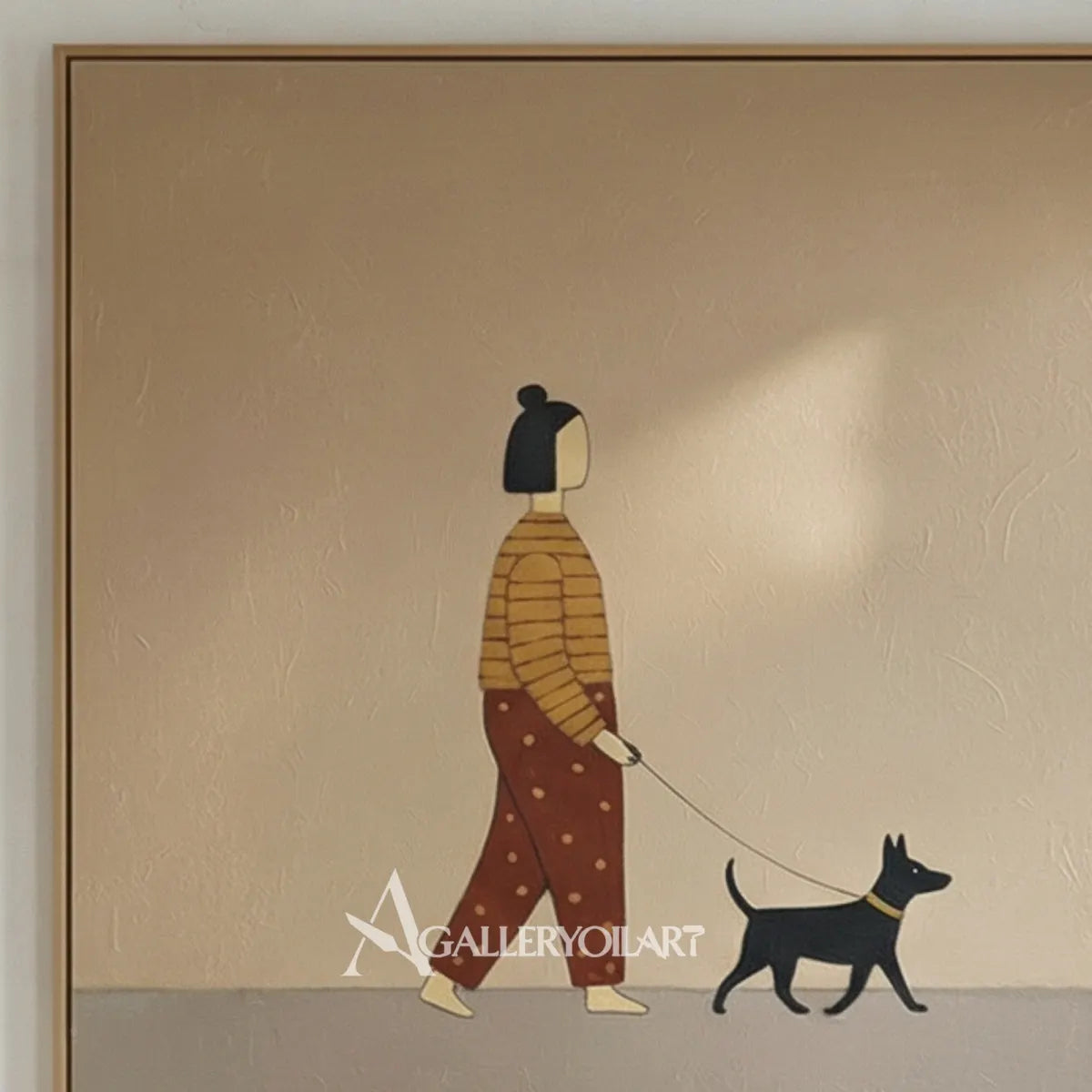 Woman-walking-a-black-dog-portrait-art-beige-and-brown-painted-detail