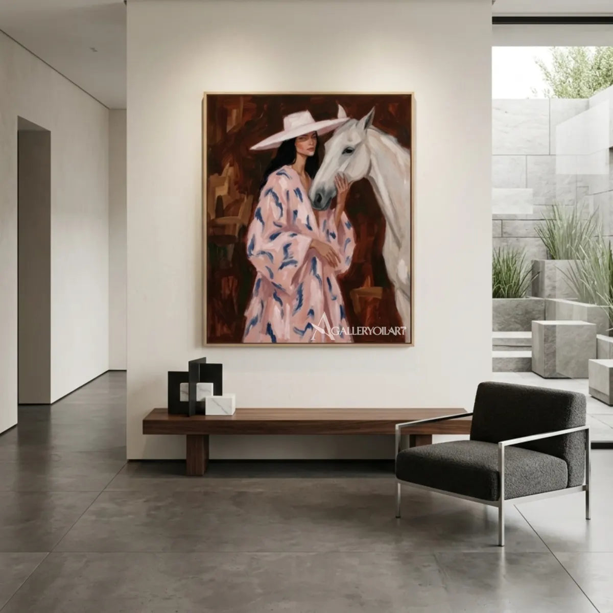 Woman-in-a-wide-hat-beside-a-white-horse-with-pink-and-blue-brushwork-in-minimalist-interior