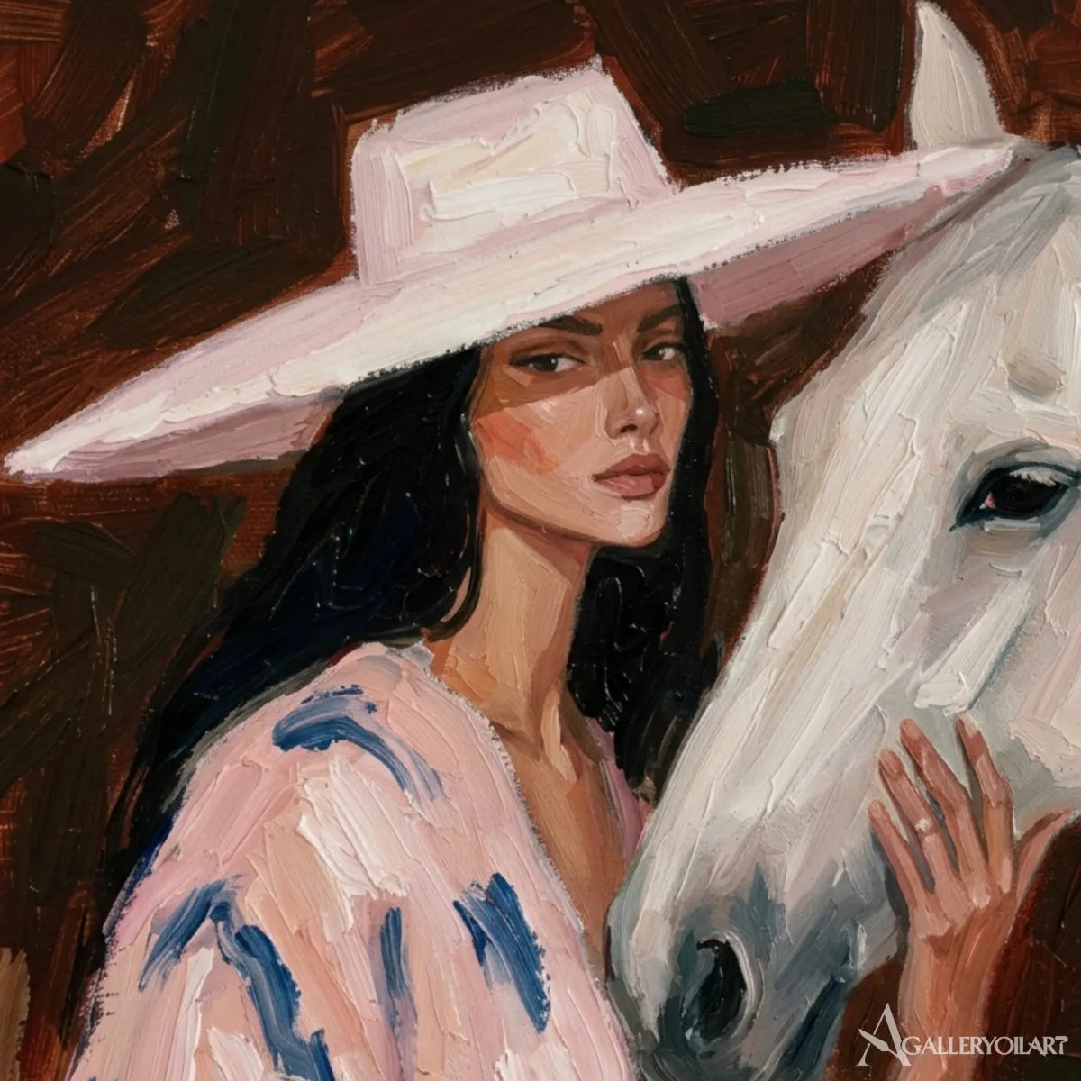 Woman-in-a-wide-hat-beside-a-white-horse-with-pink-and-blue-brushwork-in-painted-detail