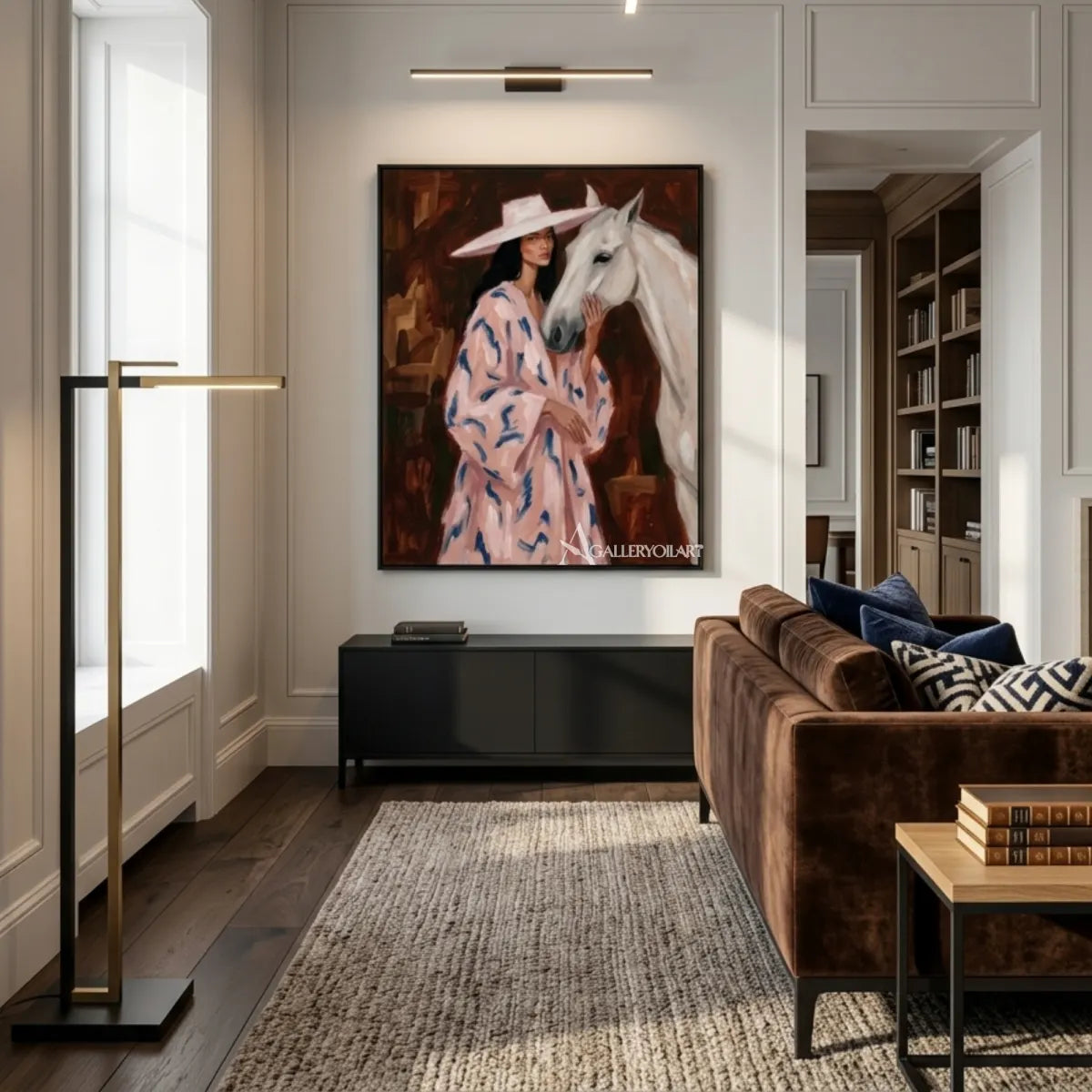 Woman-in-a-wide-hat-beside-a-white-horse-with-pink-and-blue-brushwork-in-reading-lounge
