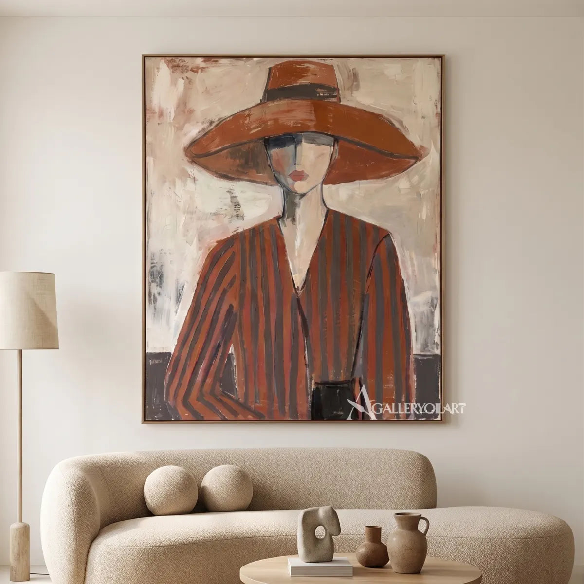 portrait-art-painting-of-a-woman-in-a-wide-brimmed-hat-and-striped-blouse-in-rust-brown-and-cream-in-a-minimalist-gallery