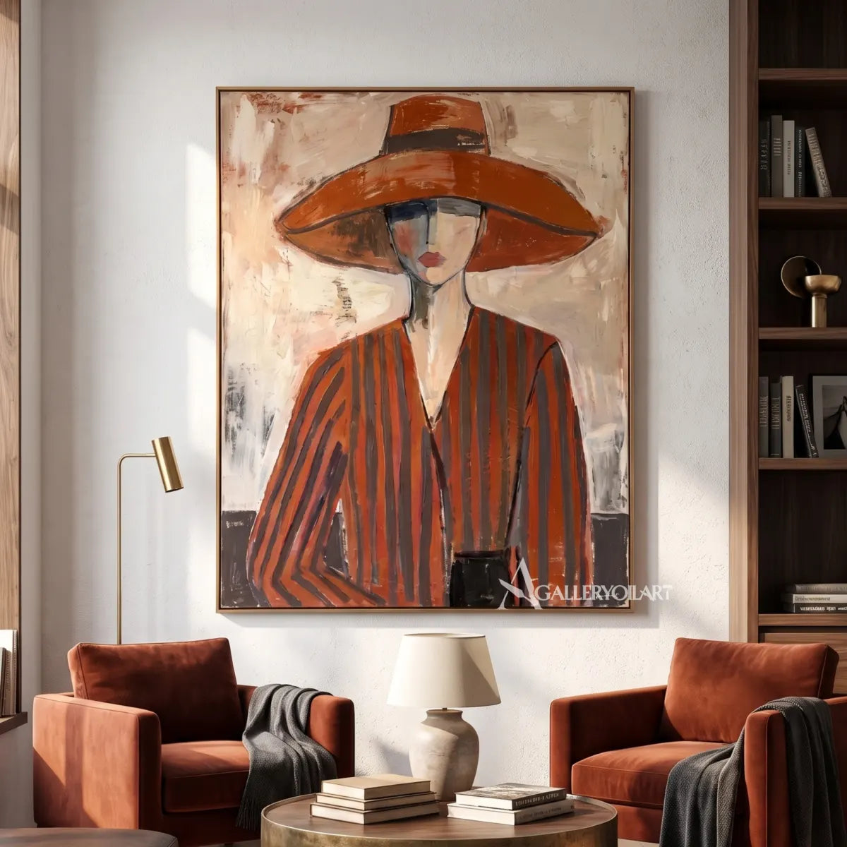 portrait-art-painting-of-a-woman-in-a-wide-brimmed-hat-and-striped-blouse-in-rust-brown-and-cream-in-a-private-reading-room