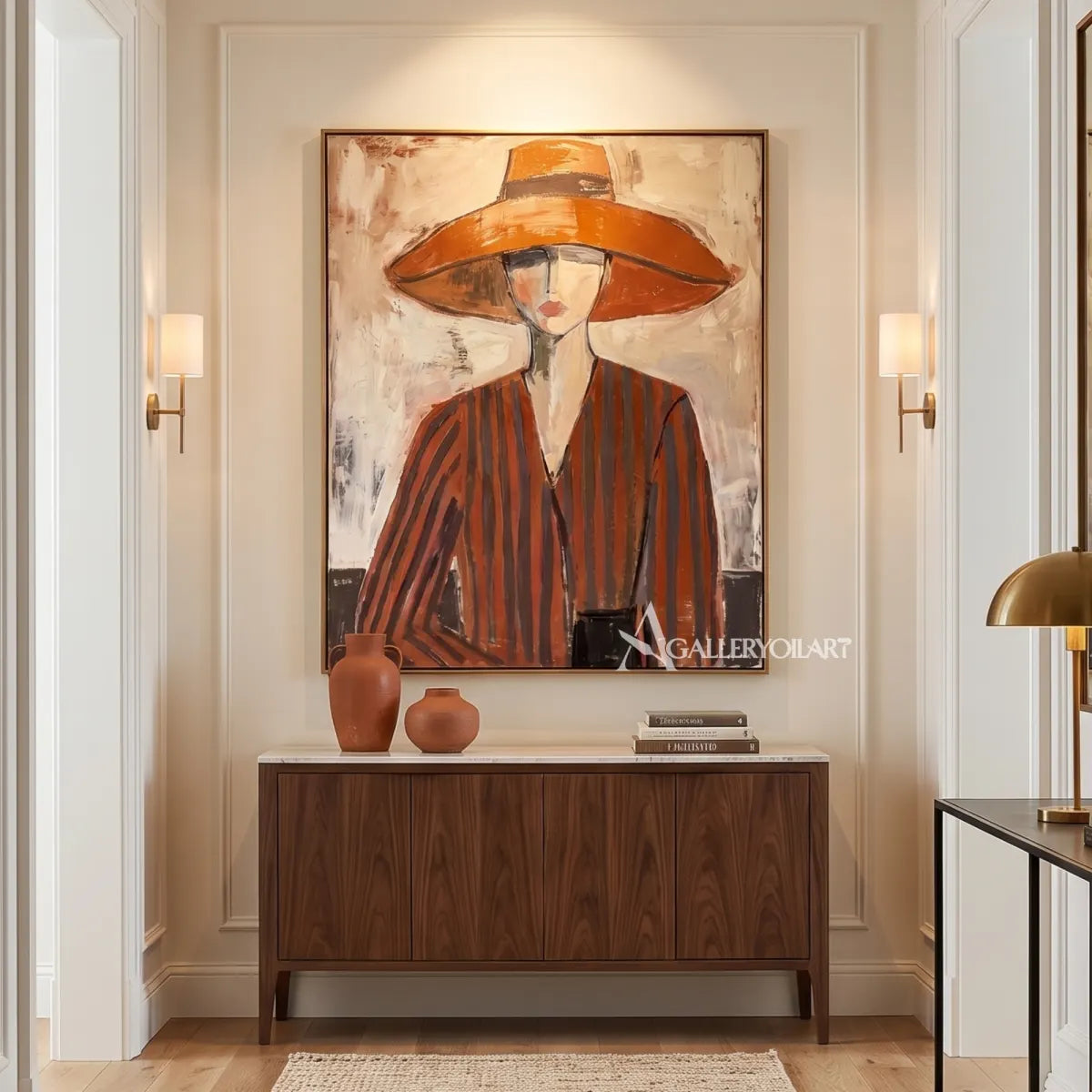 portrait-art-painting-of-a-woman-in-a-wide-brimmed-hat-and-striped-blouse-in-rust-brown-and-cream-in-a-transitional-lounge