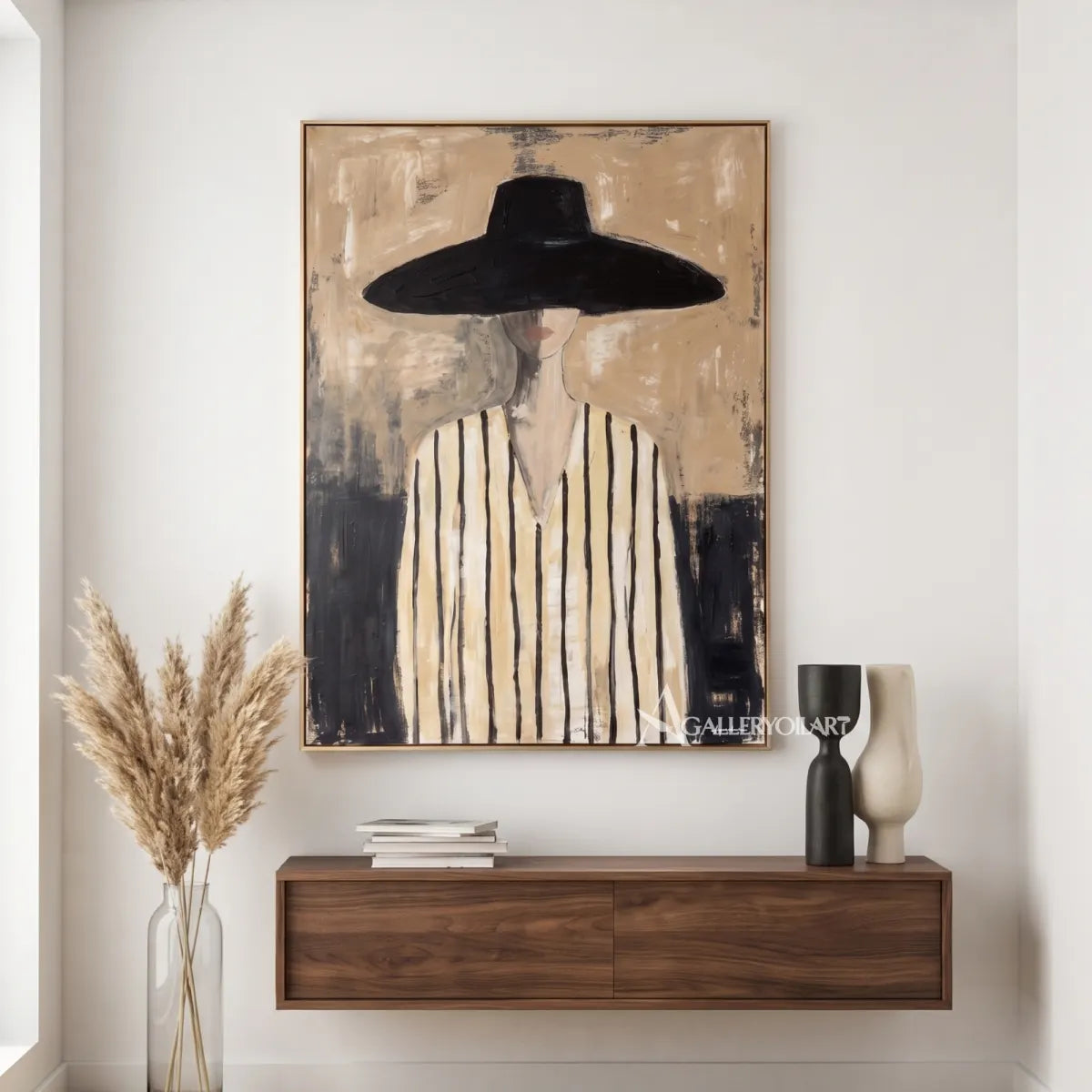 Woman-in-wide-black-hat-and-striped-top-portrait-art-beige-and-black-entryway