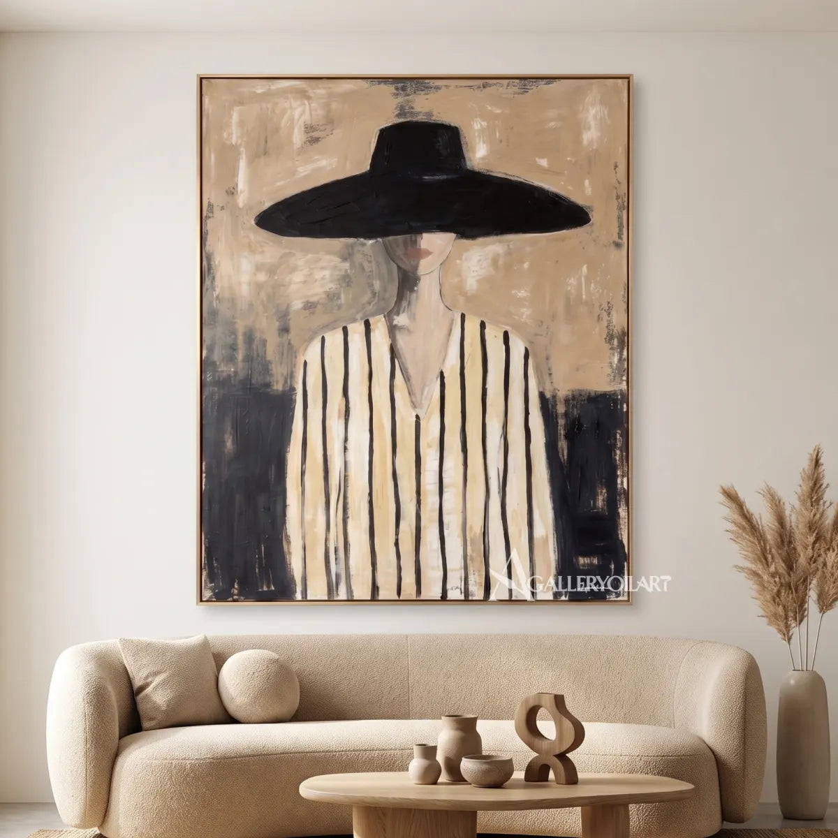 Woman-in-wide-black-hat-and-striped-top-portrait-art-beige-and-black-gallery-room