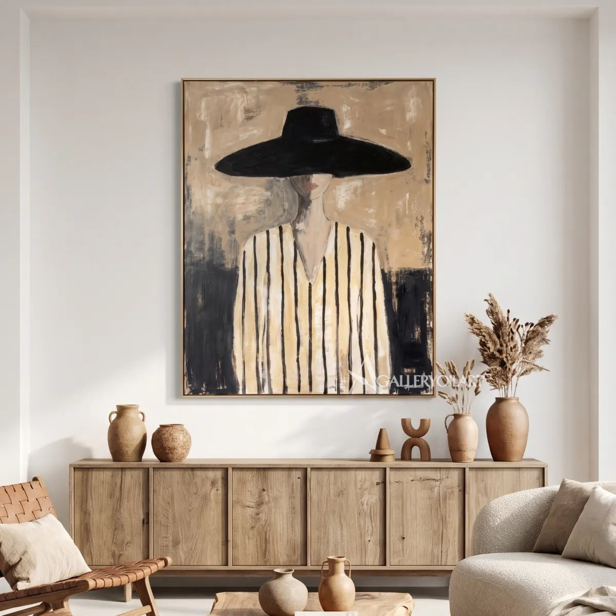 Woman-in-wide-black-hat-and-striped-top-portrait-art-beige-and-black-gathering-room