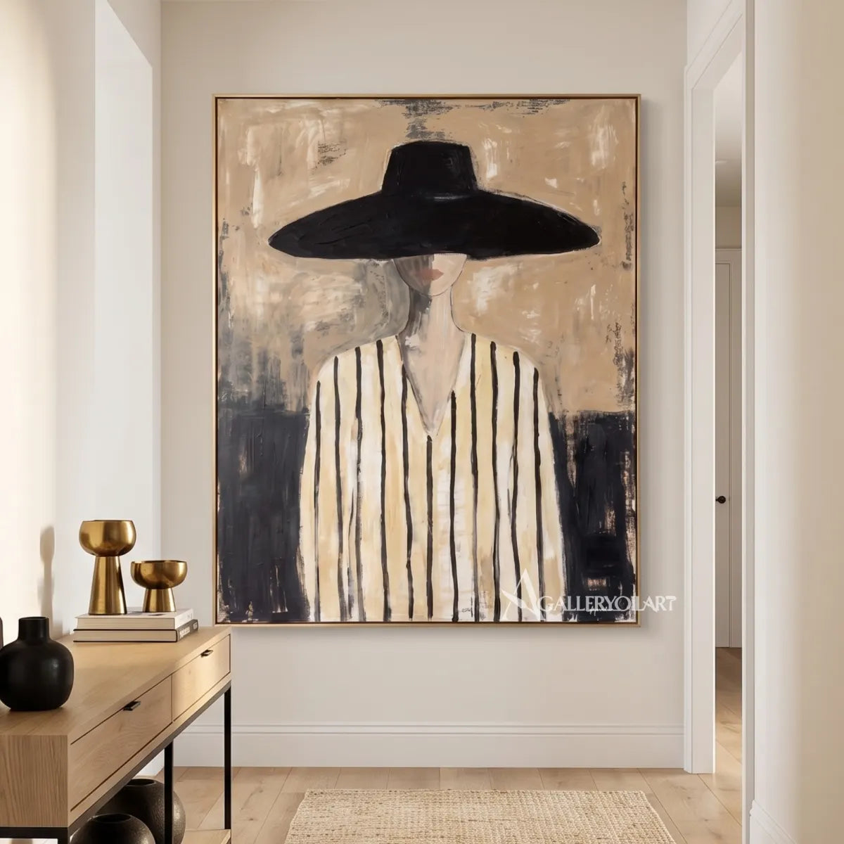 Woman-in-wide-black-hat-and-striped-top-portrait-art-beige-and-black-transitional-room
