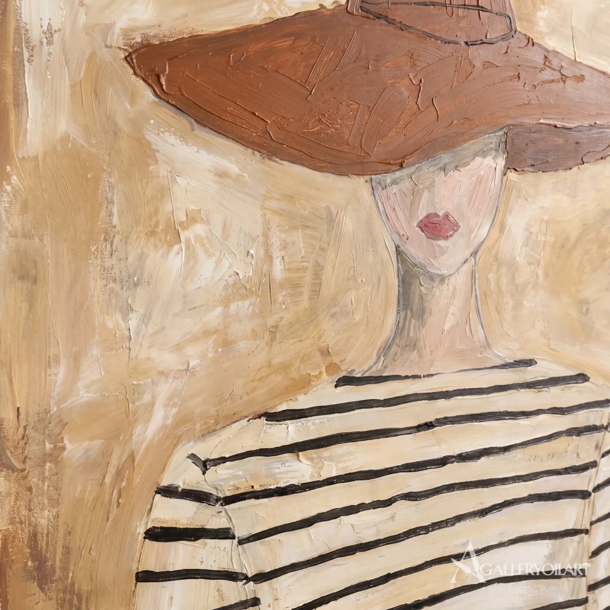 Woman-in-a-wide-rust-hat-and-striped-shirt-in-beige-portrait-art-close-up-painting-detail