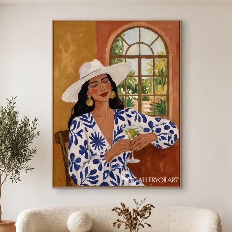 Woman-in-a-wide-hat-holding-a-glass-in-blue-accented-portrait-art-displayed-in-a-gallery-interior