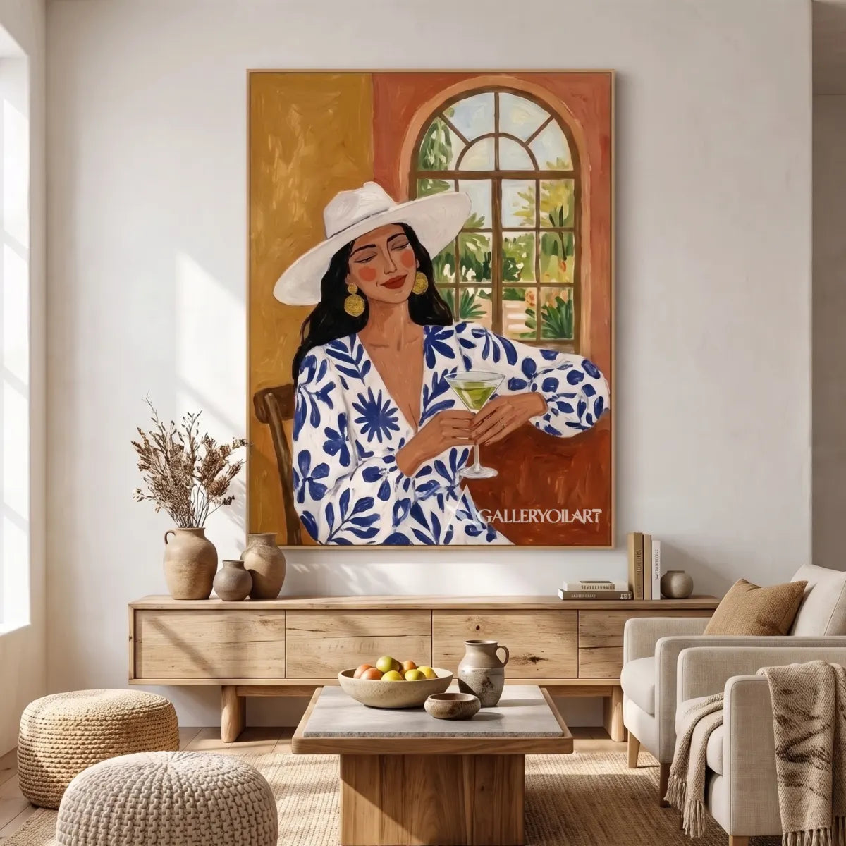 Woman-in-a-wide-hat-holding-a-glass-in-blue-accented-portrait-art-displayed-in-a-gathering-room