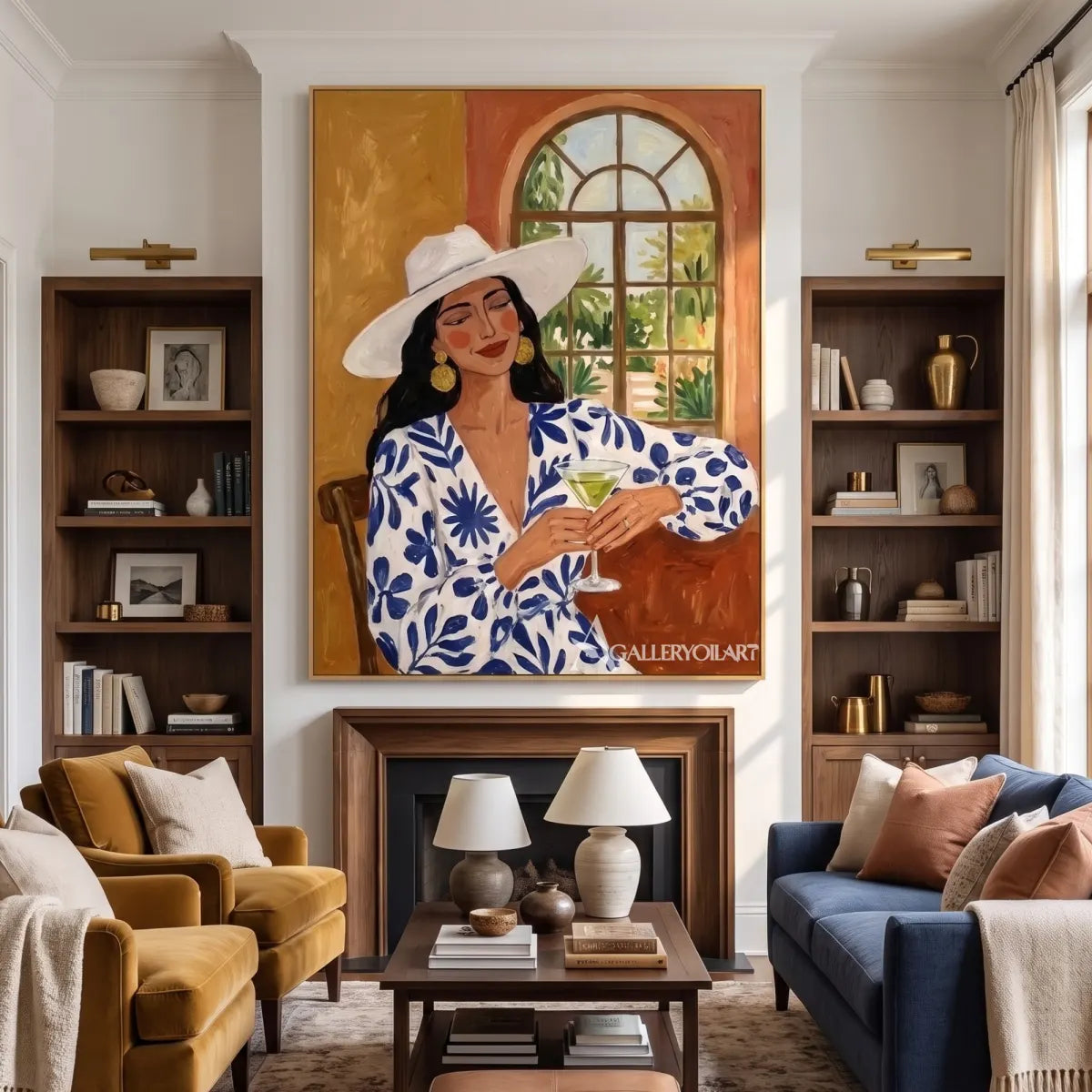 Woman-in-a-wide-hat-holding-a-glass-in-blue-accented-portrait-art-displayed-in-a-private-reading-lounge