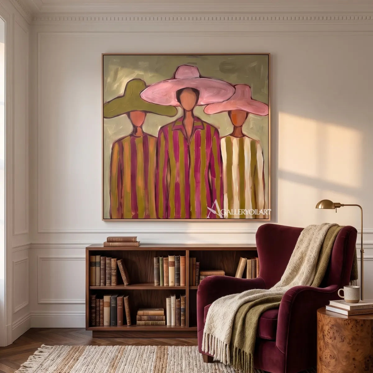 stylized-women-beneath-broad-brims-portrait-art-pink-and-olive-wall-art-in-a-library-lounge