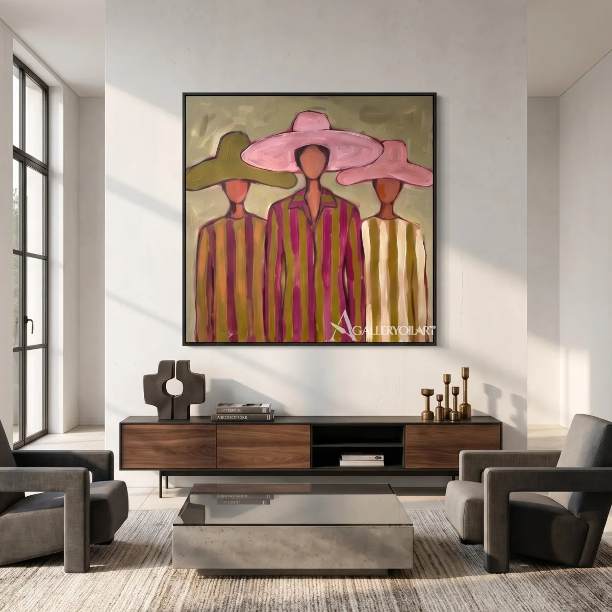 stylized-women-beneath-broad-brims-portrait-art-pink-and-olive-wall-art-above-a-console-in-a-modern-room