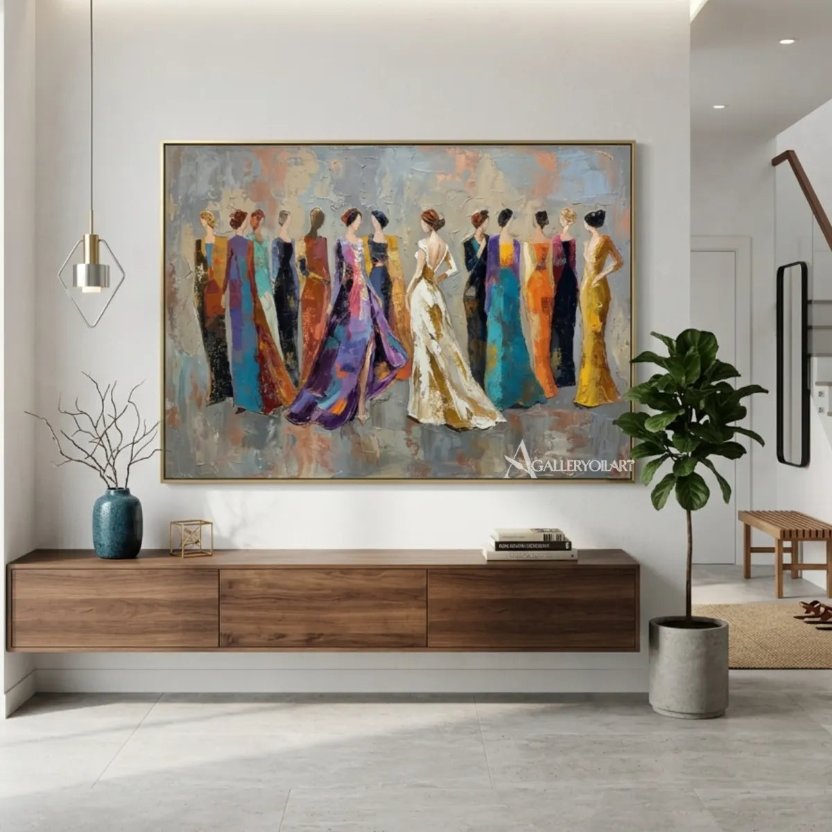 Women-in-colorful-gowns-textured-portrait-art-gray-and-blue-entryway