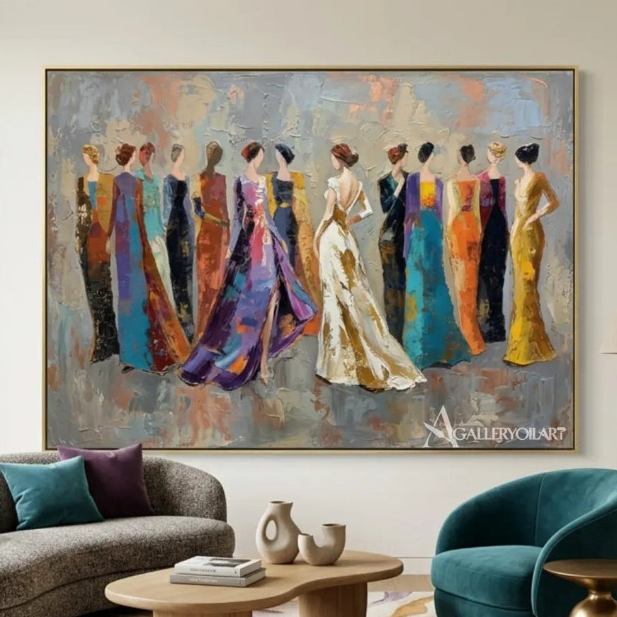 Women-in-colorful-gowns-textured-portrait-art-gray-and-blue-gallery-room