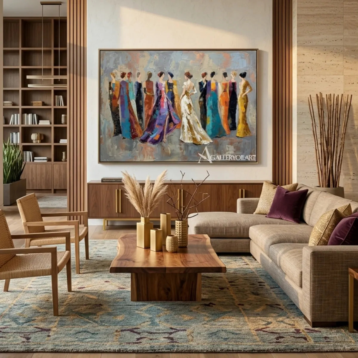 Women-in-colorful-gowns-textured-portrait-art-gray-and-blue-gathering-room