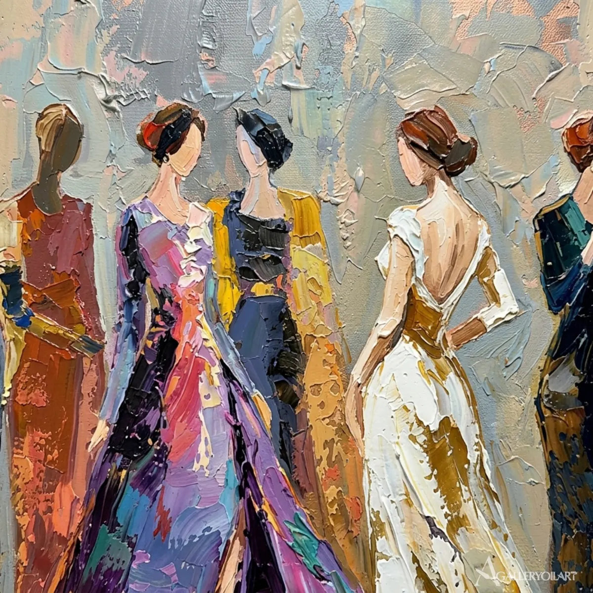 Women-in-colorful-gowns-textured-portrait-art-gray-and-blue-painted-detail
