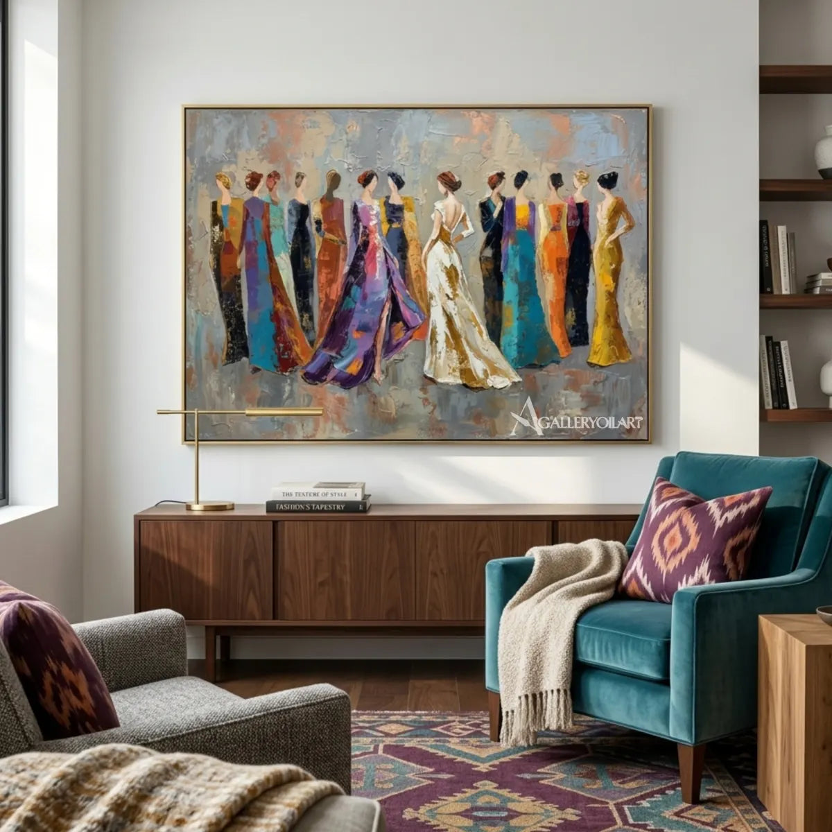 Women-in-colorful-gowns-textured-portrait-art-gray-and-blue-private-lounge