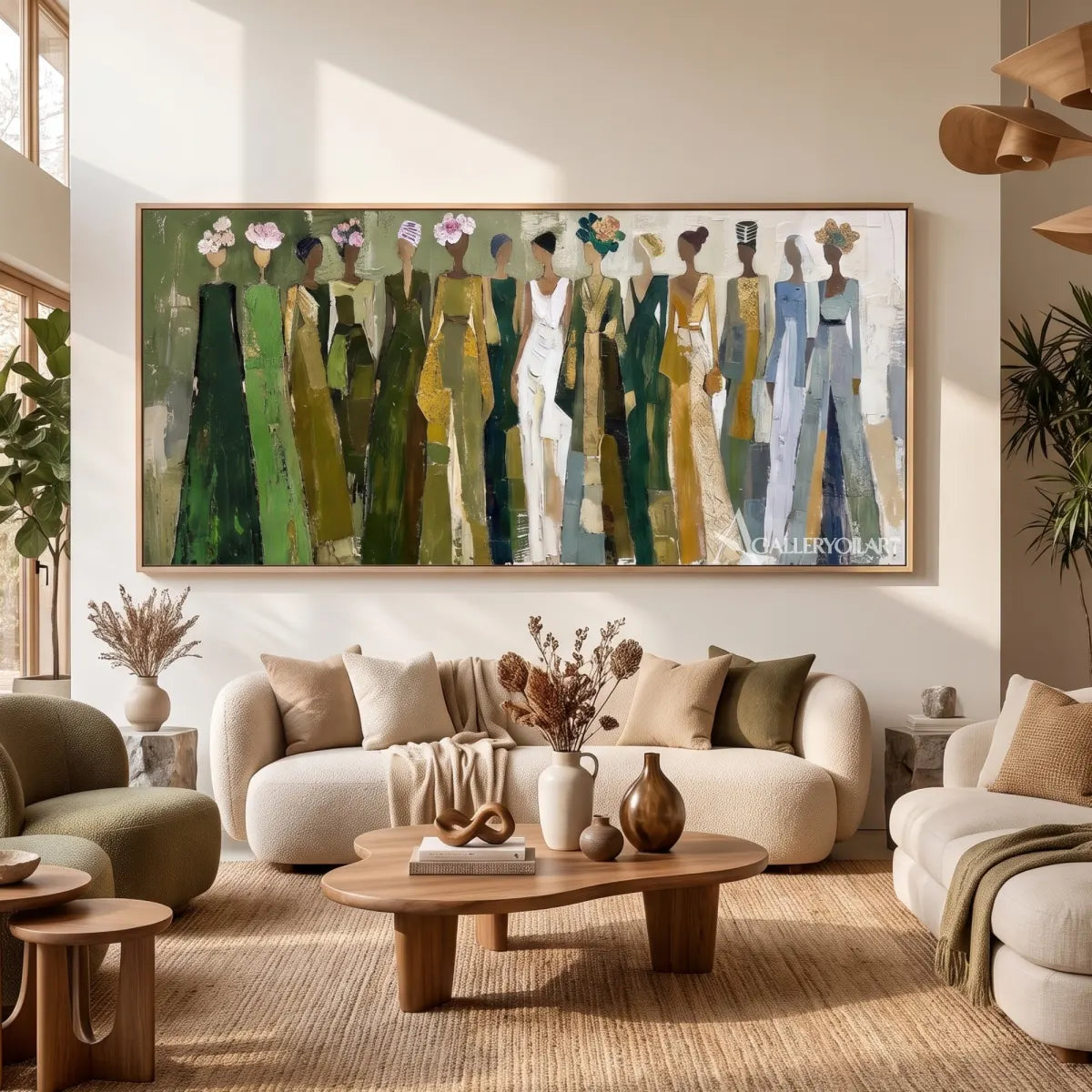 line-of-women-portrait-art-olive-green-and-cream-wall-art-in-a-cozy-living-room