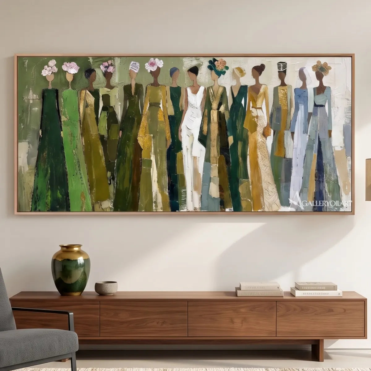 line-of-women-portrait-art-olive-green-and-cream-wall-art-in-a-minimalist-living-room