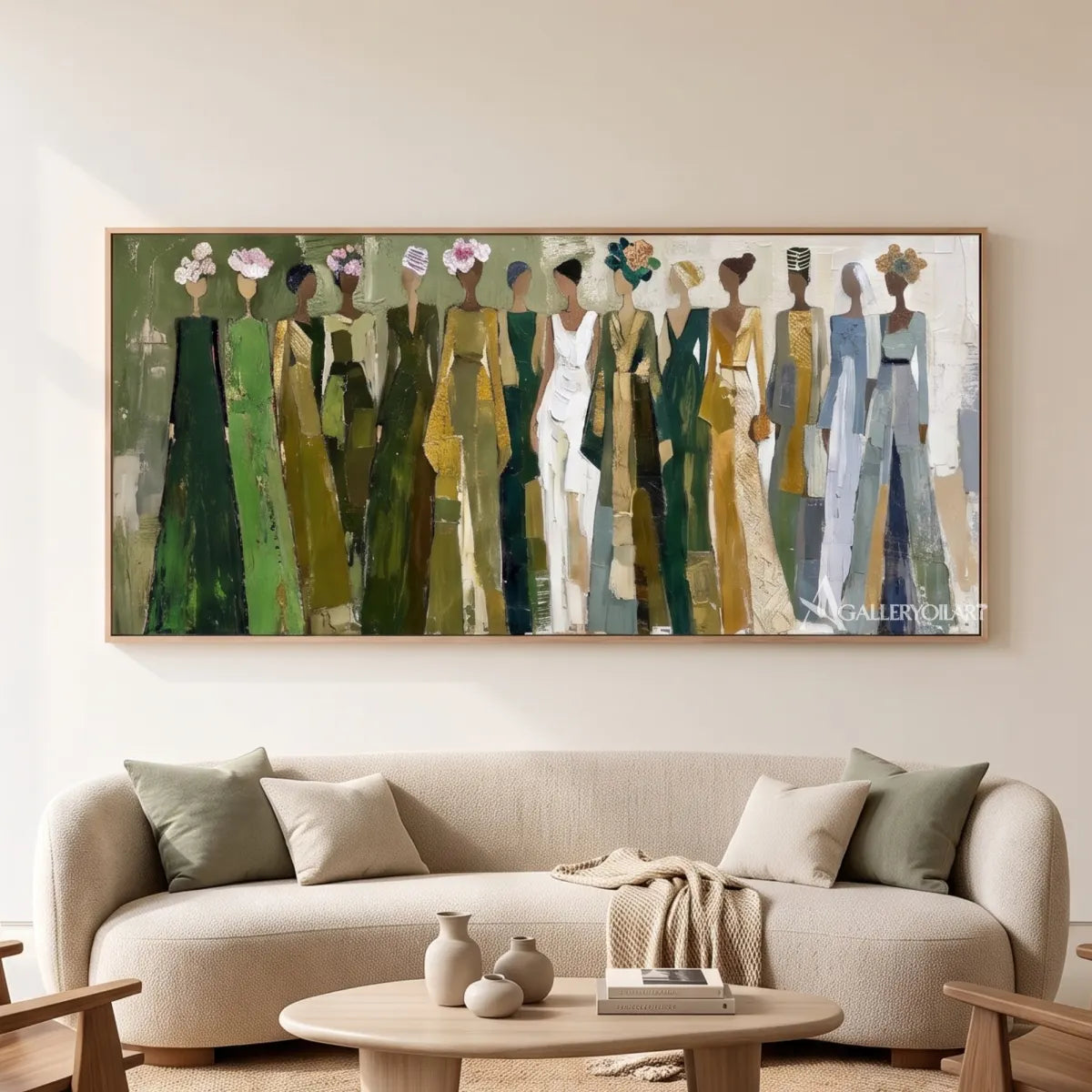 line-of-women-portrait-art-olive-green-and-cream-wall-art-above-a-sofa-in-a-neutral-room