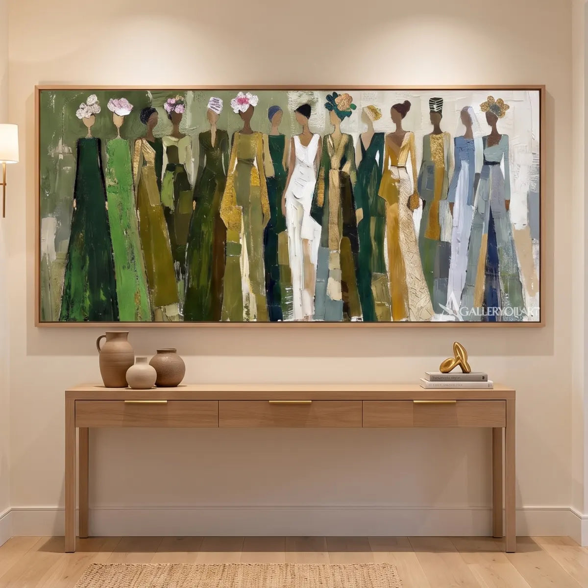 line-of-women-portrait-art-olive-green-and-cream-wall-art-in-a-warm-contemporary-interior