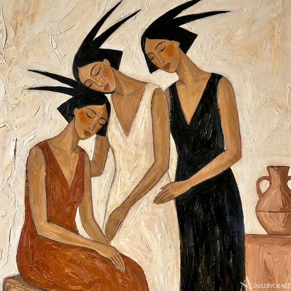 Hand-painted portrait of three women in terracotta, cream, and charcoal tones displayed in a painted-detail-close-up