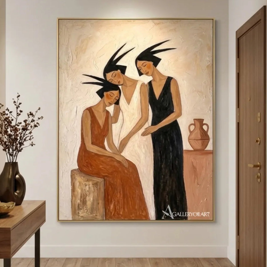 Hand-painted portrait of three women in terracotta, cream, and charcoal tones displayed in a transitional-interior