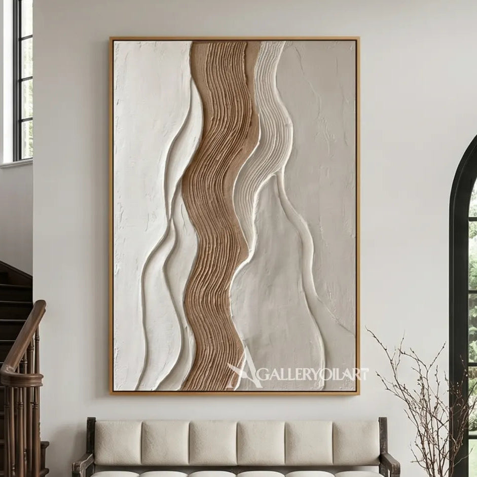 undulating raised bands gathered into a warm central current in beige and ivory textured 3d art wall art in a entryway setting