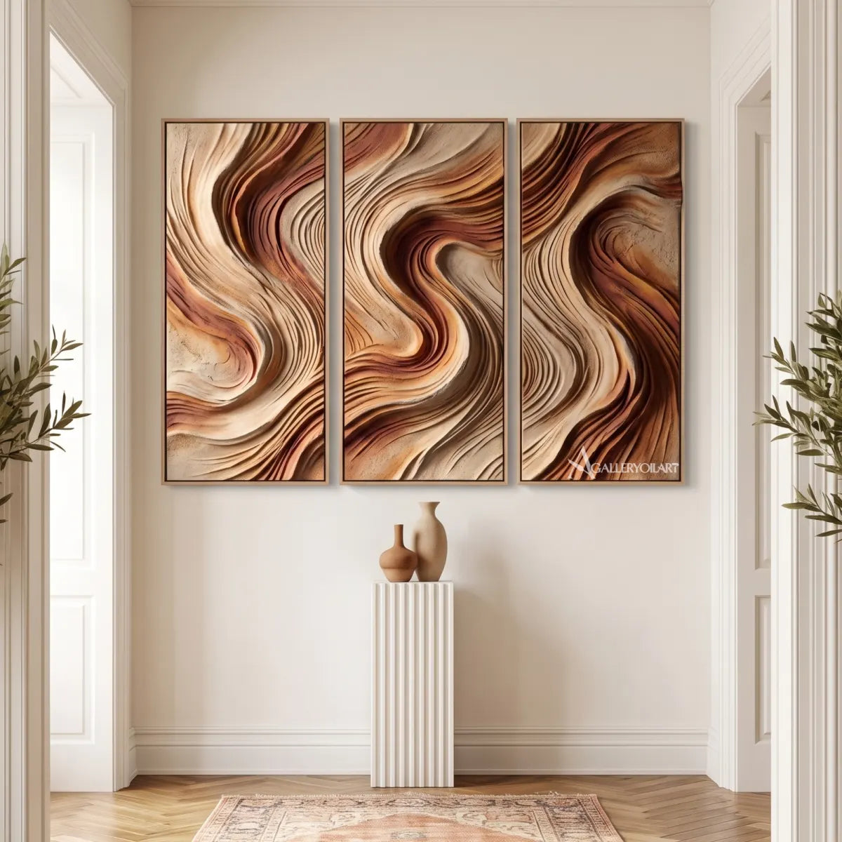 woven currents textured-3d beige wall art in a warm modern interior 3