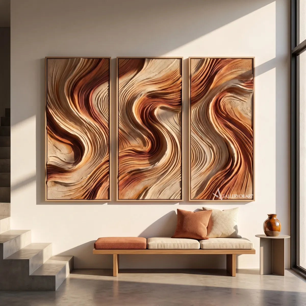 woven currents textured-3d beige wall art in a warm modern interior 7