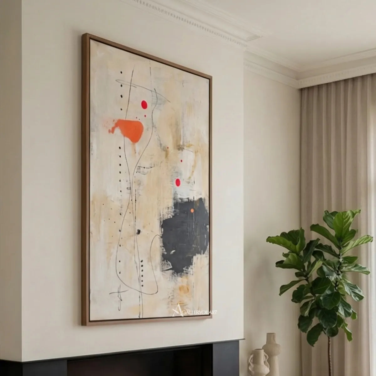 abstract-layered-abstract-marks-cream-soft-gray-charcoal-black-and-vivid-orange-wall-art-in-angled-view