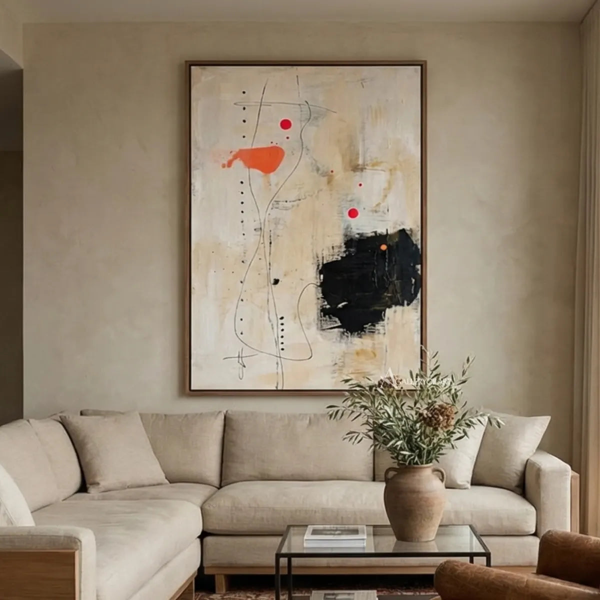 abstract-layered-abstract-marks-cream-soft-gray-charcoal-black-and-vivid-orange-wall-art-in-close-view