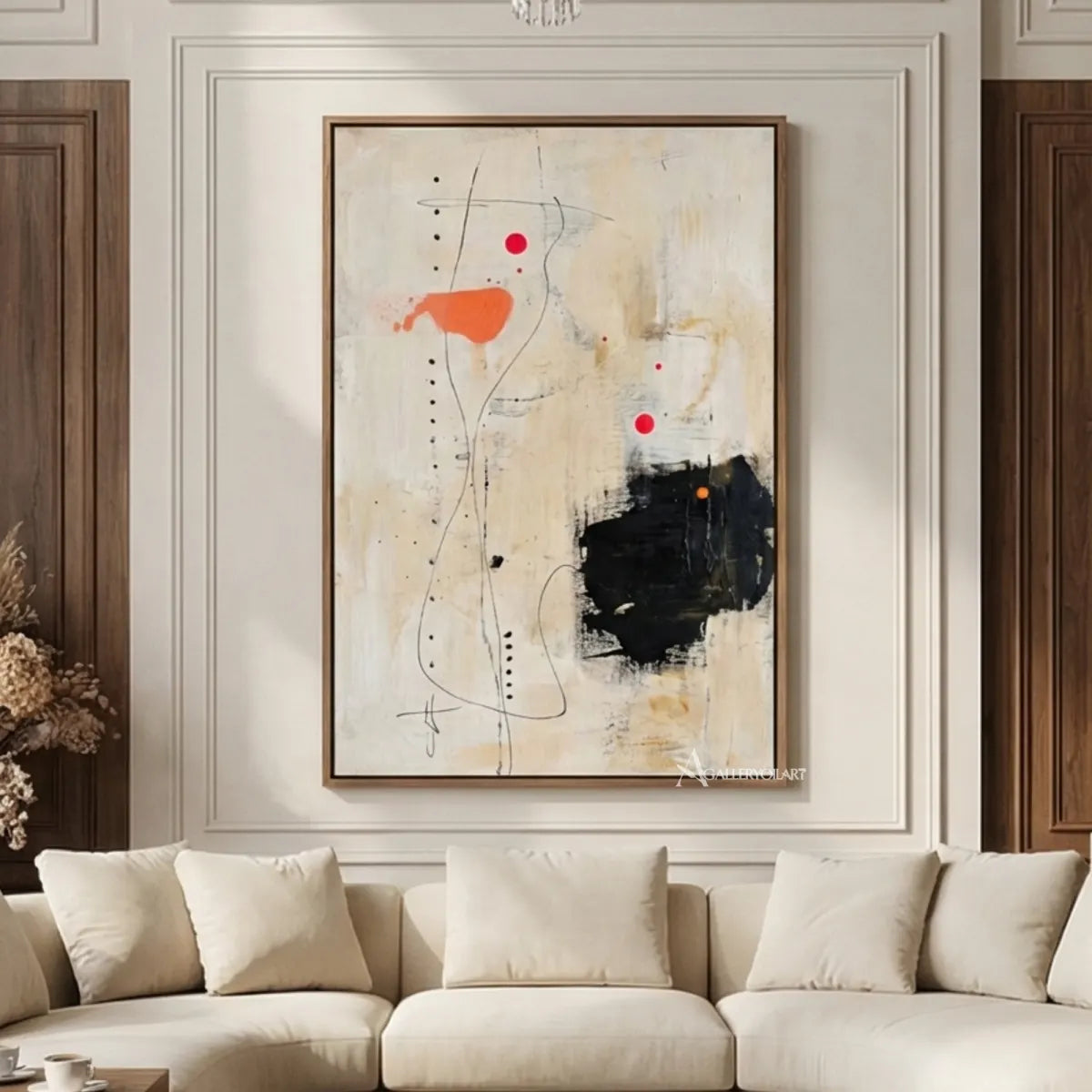 abstract-layered-abstract-marks-cream-soft-gray-charcoal-black-and-vivid-orange-wall-art-in-living-room