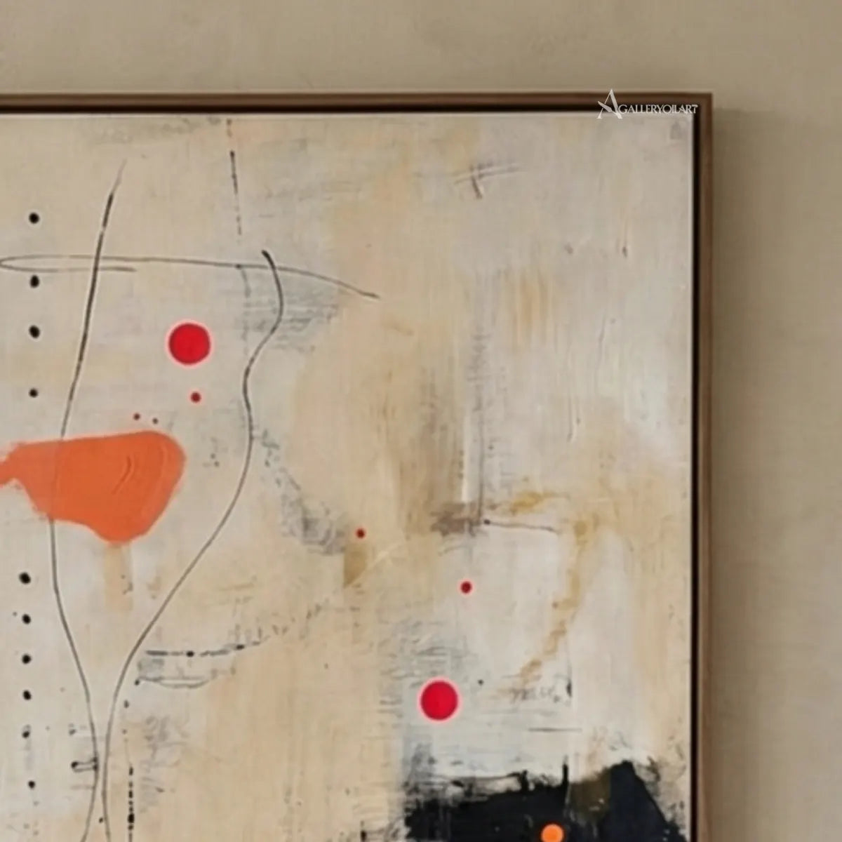 abstract-layered-abstract-marks-cream-soft-gray-charcoal-black-and-vivid-orange-wall-art-in-stairway-wall