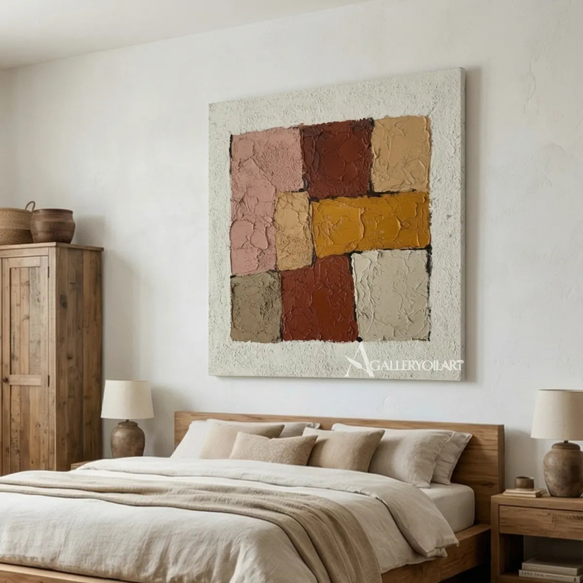 abstract-geometric-mosaic-in-terracotta-and-soft-pink-above-a-console