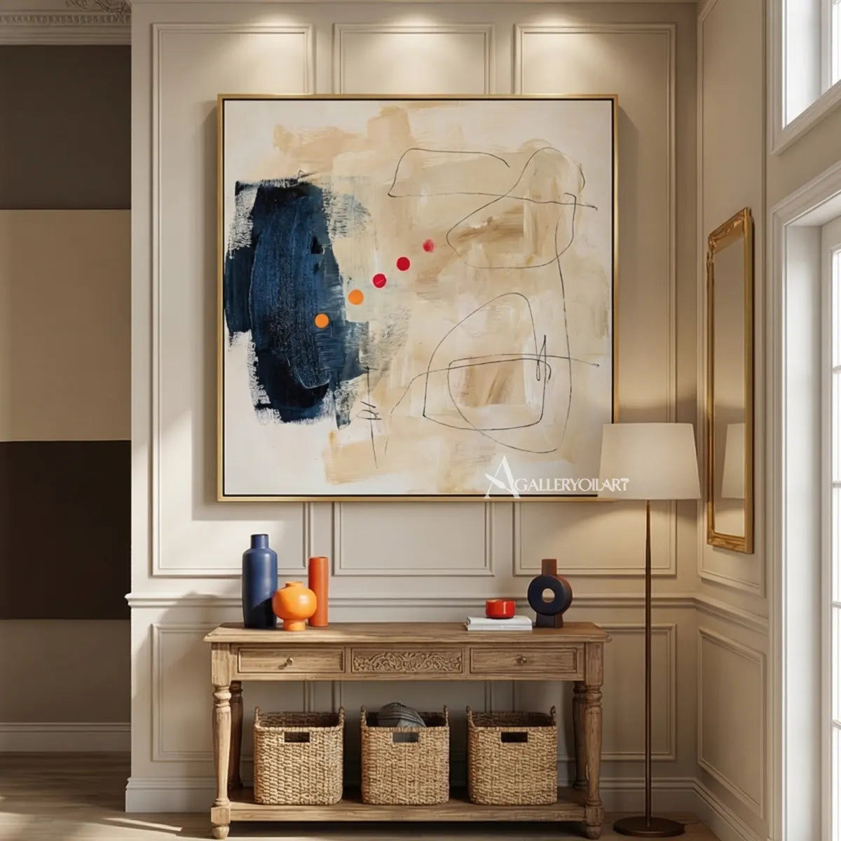 abstract-abstract-orbit-like-marks-ivory-navy-blue-charcoal-orange-and-red-wall-art-in-entryway