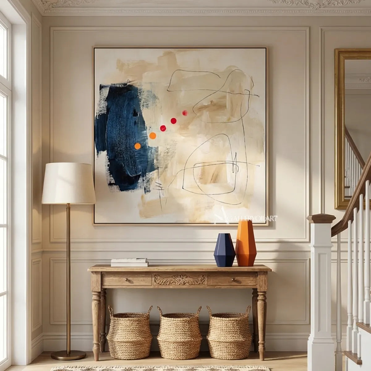 abstract-abstract-orbit-like-marks-ivory-navy-blue-charcoal-orange-and-red-wall-art-in-fireplace-room