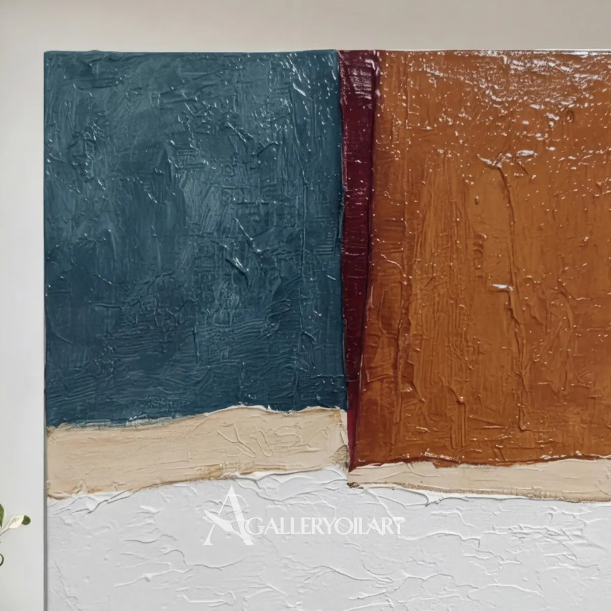 close-view-of-raised-blue-and-ochre-abstract-fields-with-a-narrow-burgundy-line-in-a-sitting-room
