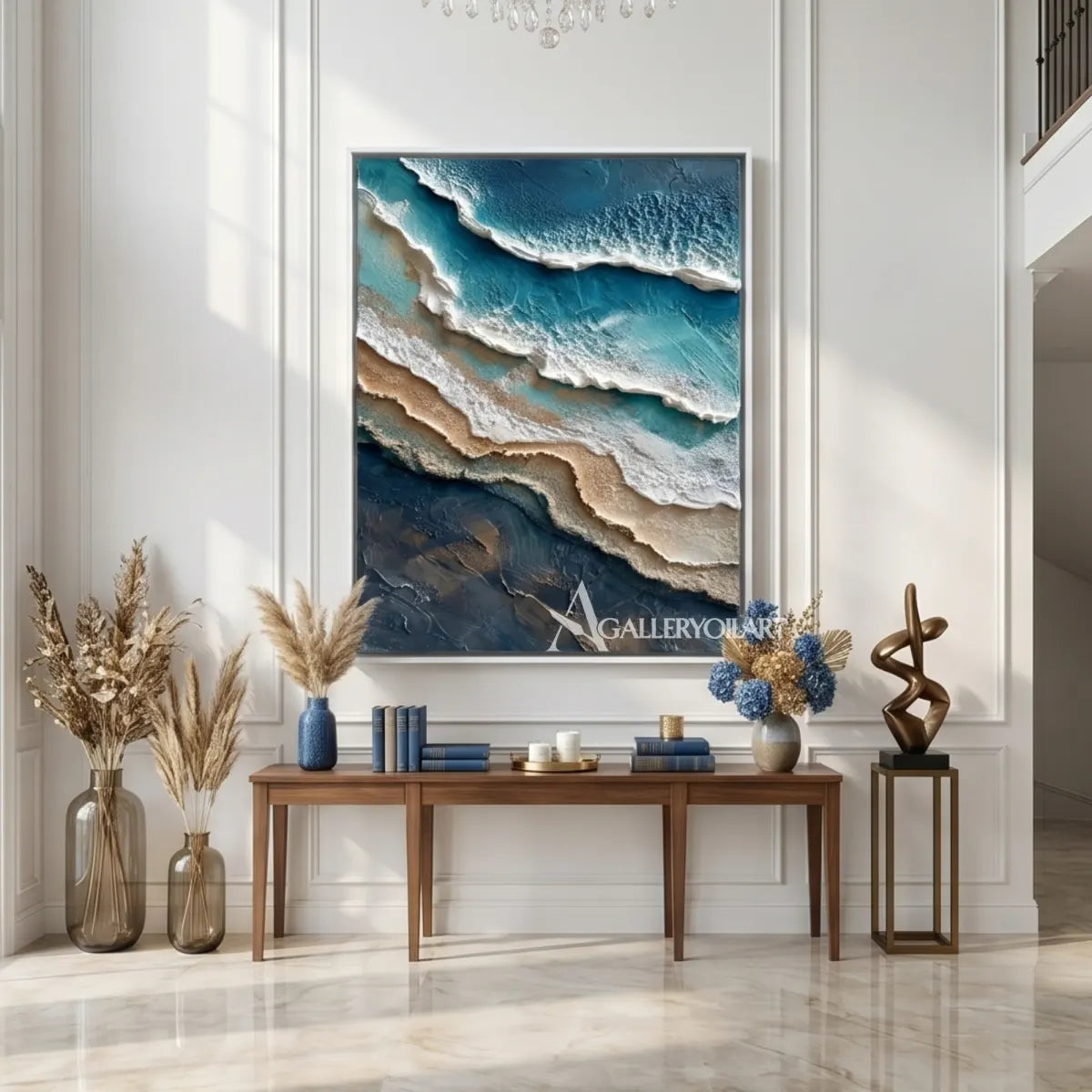 Aerial-ocean-shore-sea-beach-blue-and-white-art-above-a-console