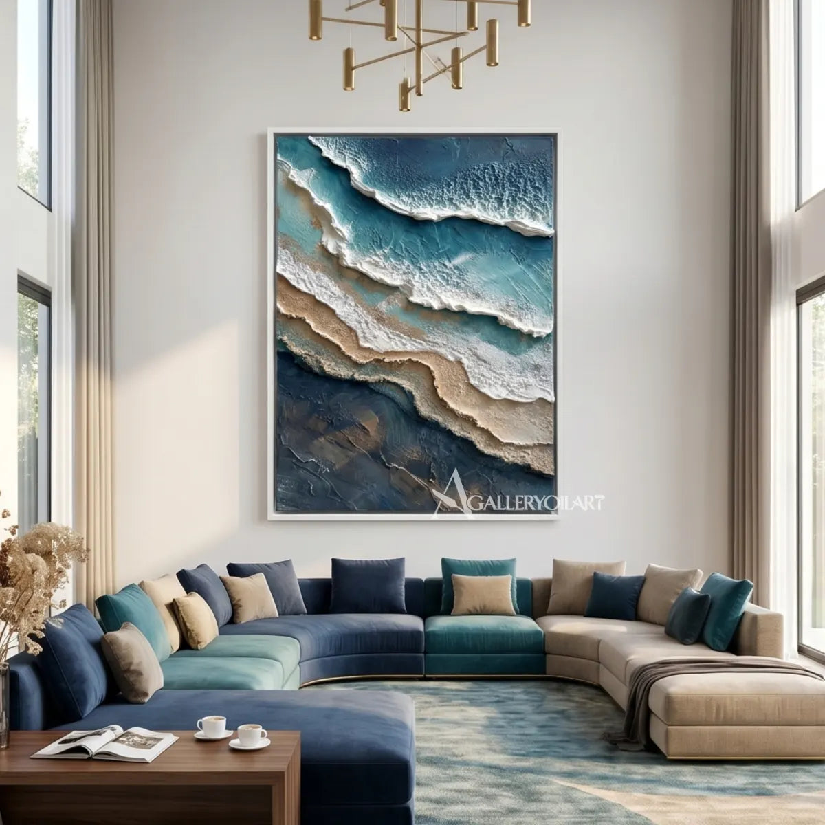 Aerial-ocean-shore-sea-beach-blue-and-white-wall-art-in-a-dining-room