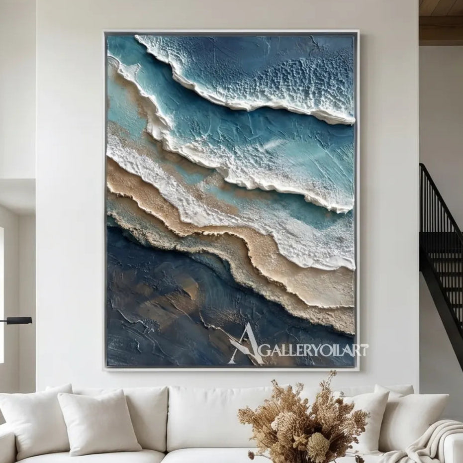 Aerial-ocean-shore-sea-beach-blue-and-white-art-in-a-coastal-living-room