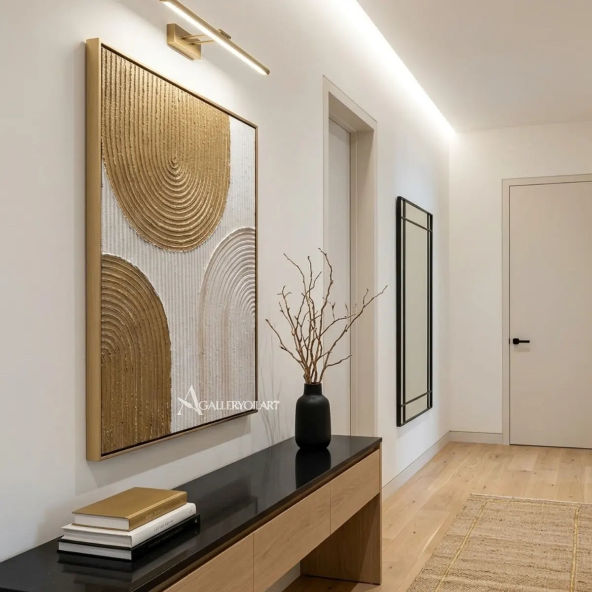 Textured-3D-arched-cadence-in-beige-and-cream-with-relief-in-an-hallway