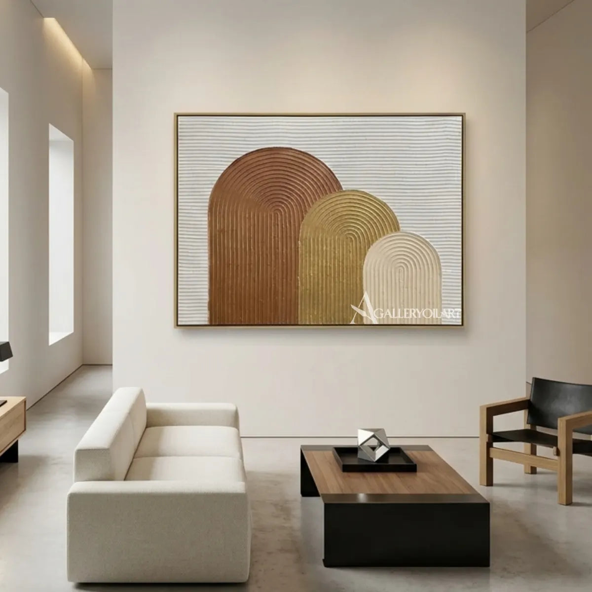 Textured-arched-forms-brown-wall-art-in-a-minimalist-interior