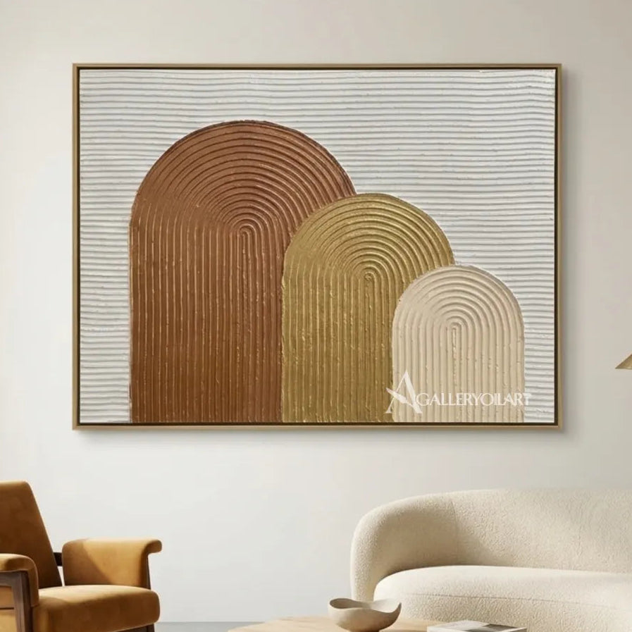 Textured-arched-forms-brown-wall-art-in-a-minimalist-gallery