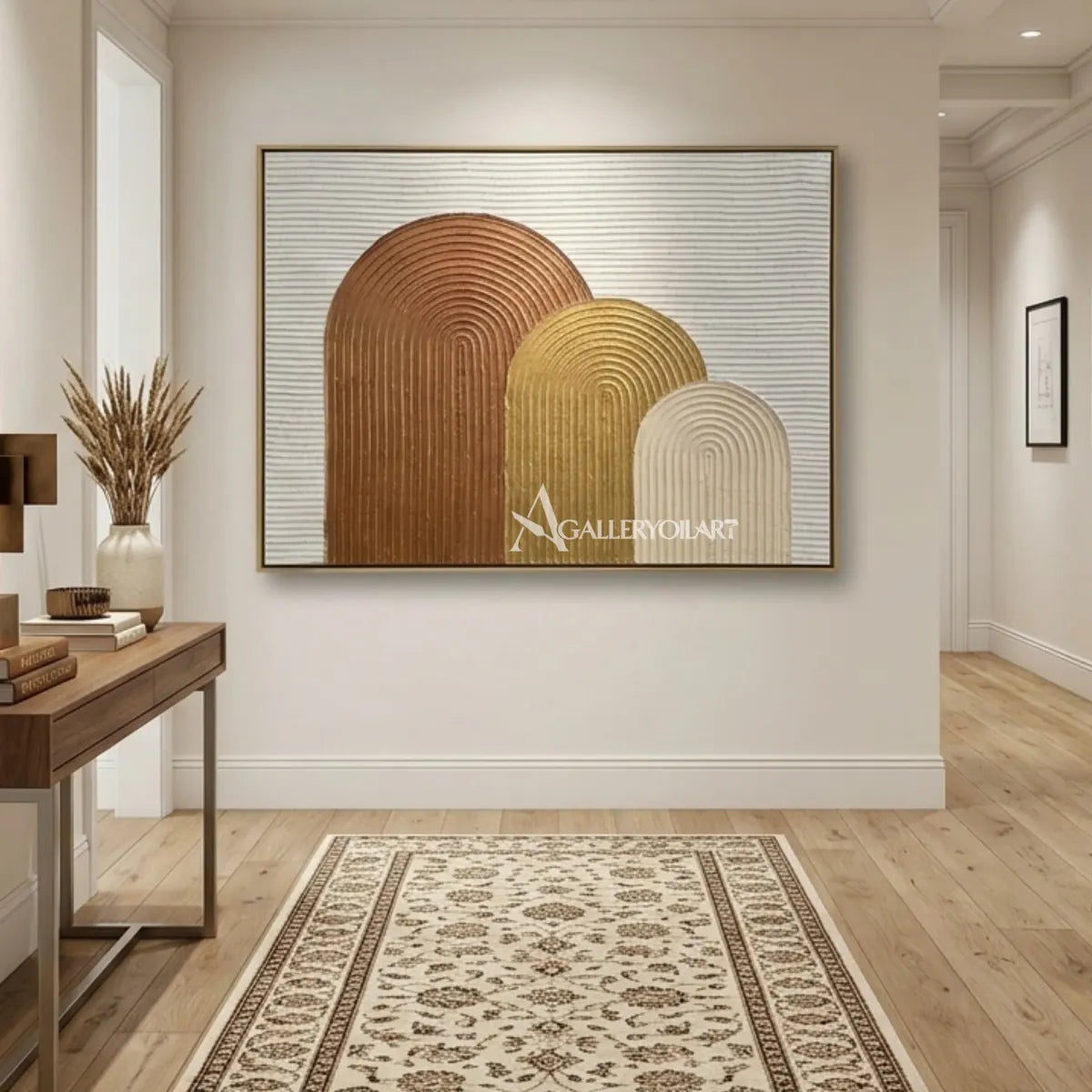 Textured-arched-forms-brown-wall-art-in-a-transitional-hallway