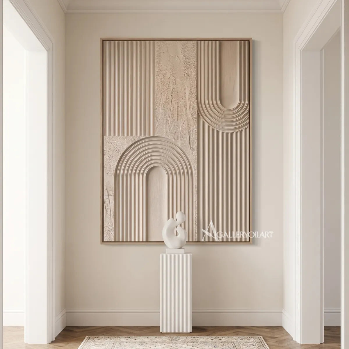 Textured 3D layered arches in beige and warm neutral relief-in-hallway