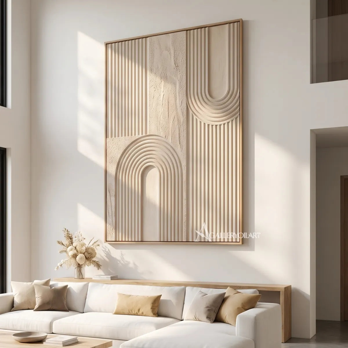Textured 3D layered arches in beige and warm neutral relief-in-living-room