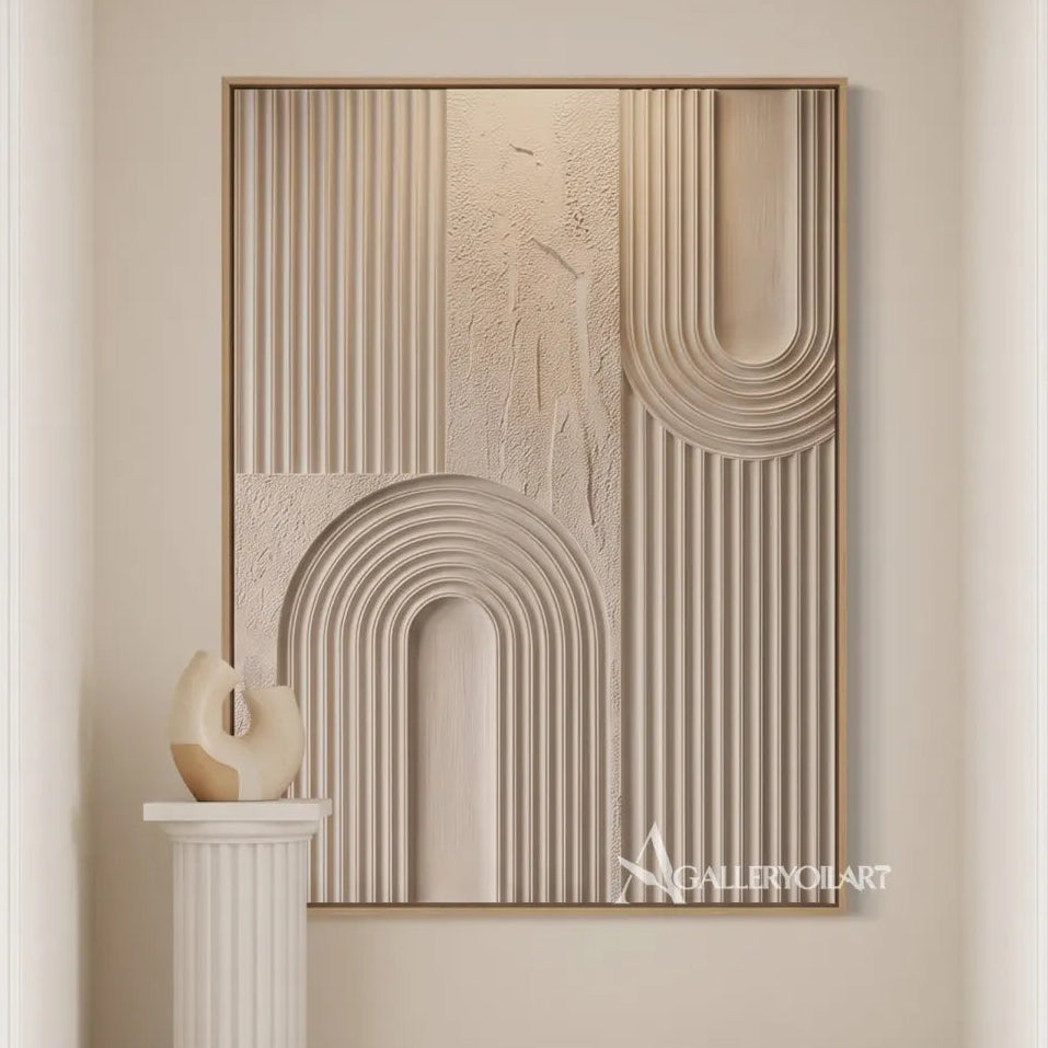 Textured 3D layered arches in beige and warm neutral relief-in-modern-hallway